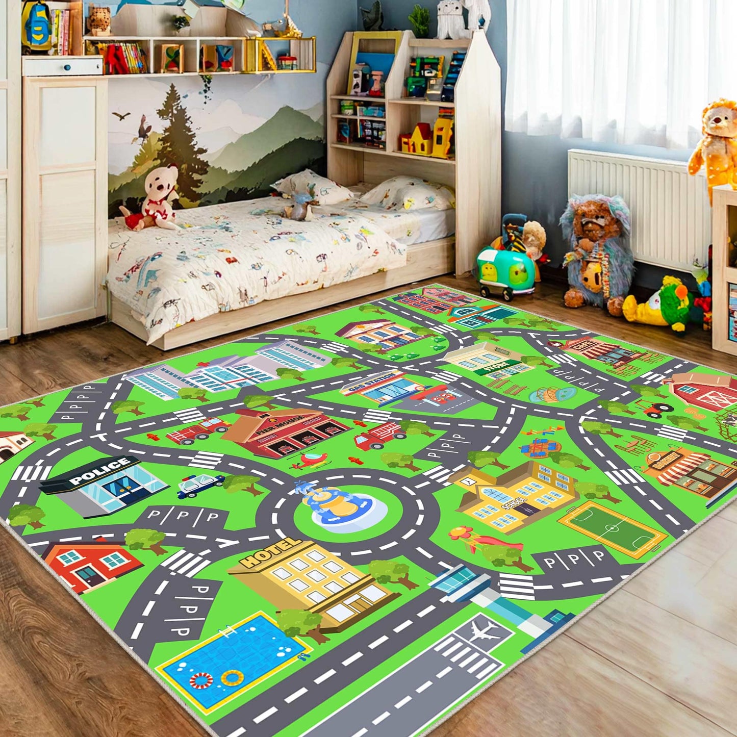 Kids Room Rug - Soft & Non-Slip 4x5 Ft Town Car Rugs City Map Play Mat, Childrens Road Carpet Washable Playmat for Classroom Nursery Bedroom Boys