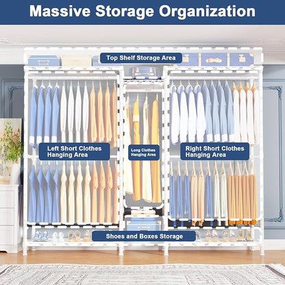 Ulif E12C Pro Heavy Duty Closet Organizer System，Freestanding Clothing Racks for Hanging Clothes，Adjustable Garment Rack 71"W x 16"D x 76.5"H Hold 960lbs，White Clothing Rack with White Dustproof Cover