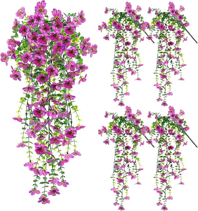 Artificial Fake Hanging Flowers Plants for Outdoor Spring Summer Decoration, 4pcs Faux Silk Realistic UV Sun Resistant Daisy for Outside Porch Patio Window Box Yard Home Decor (Purple)