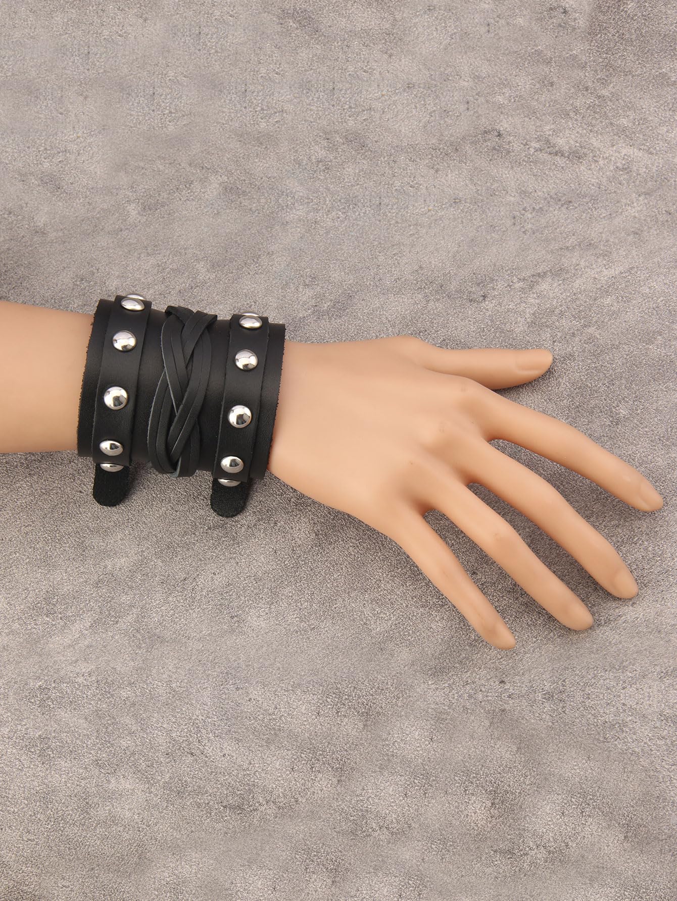 GelConnie Wide Leather Bracelet Thick Black Bracelet Leather Wrap Cuff Bracelet Mens Goth Leather Wristband Bracelet Wrist Cuffs Men