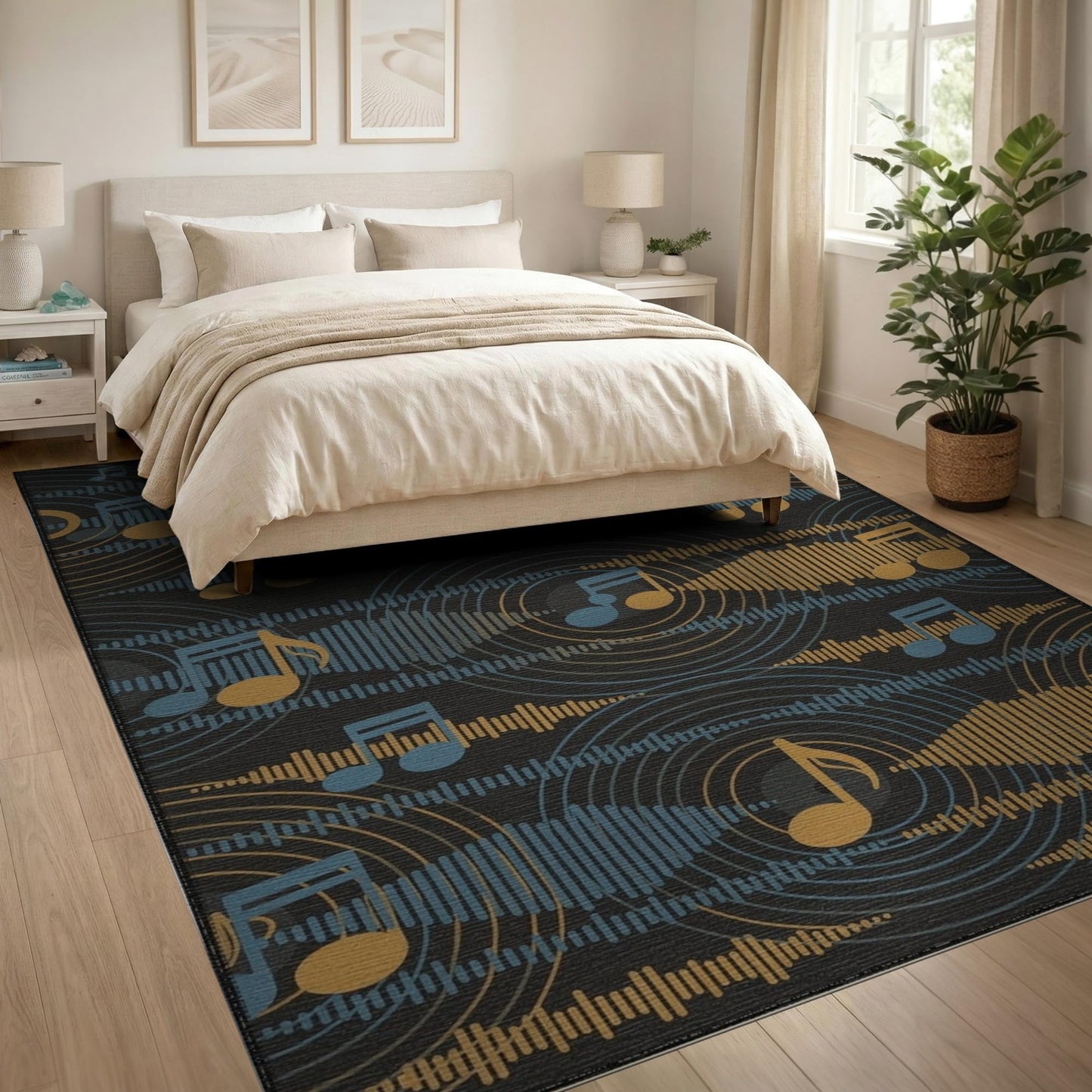 ODIKA 8'x10' Washable Area Rug Record Vinyl Retro Dj Turntable Featuring Grooves Wave Lines Non-Slip Chair-Friendly for Dining Room, Large Office, Lounge
