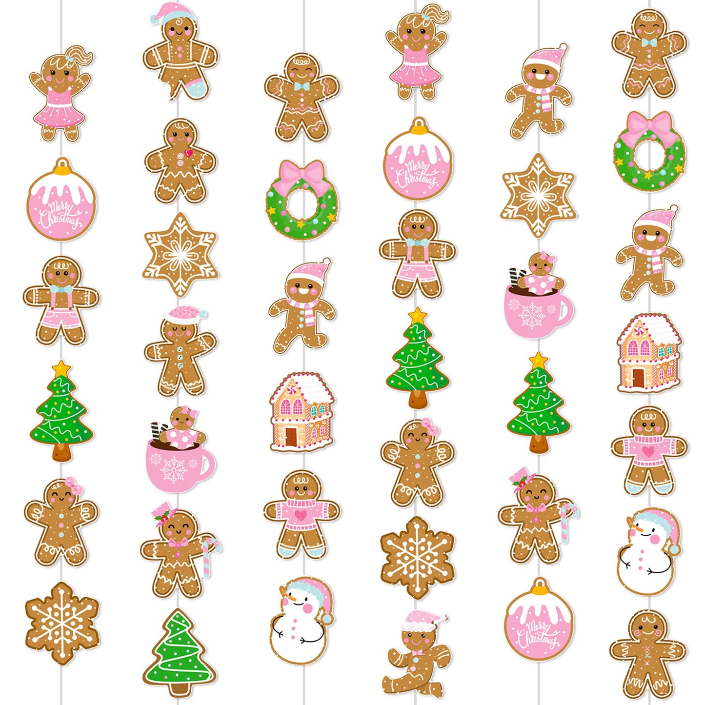 Gingerbread Theme Garlands Pink Christmas Decorations Girls 8Pcs Gingerbread House Xmas Tree Paper Garland Banners Christmas Party Supplies for Winter Holiday Birthday Wall Door Ceiling Decor