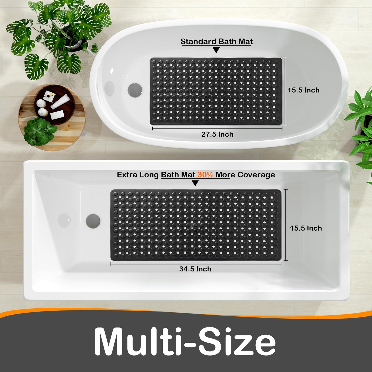 Yimobra Bathtub Mat Non Slip, 34.5"X15.5" Long Shower Mat for Inside Shower, Machine Washable Bath Mat with Drain Holes & Strong Suction Cups, Soft on Feet, Bathroom Essentials, Black