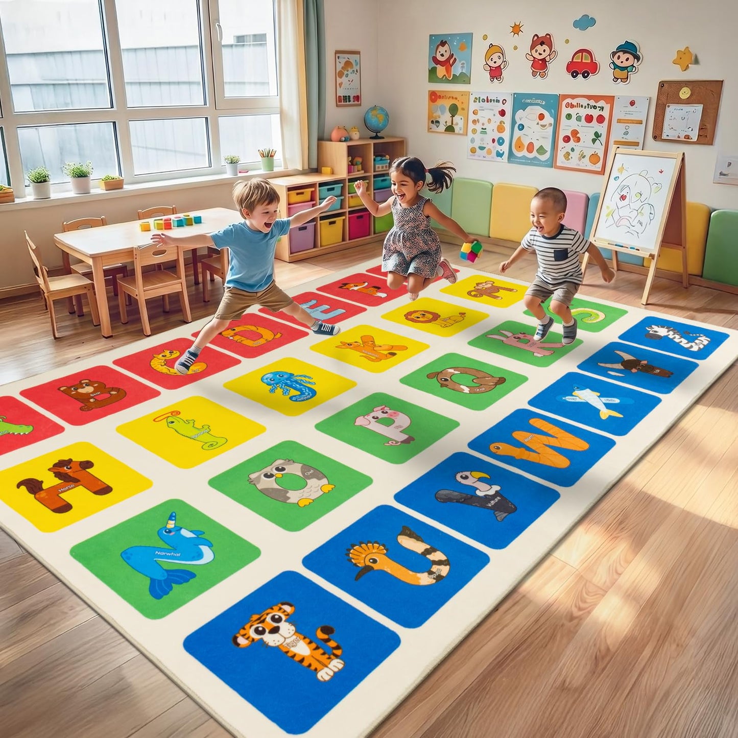 WISH TREE Animal Shaped ABC Classroom Rug, 6' x 9' Soft Non-Slip Low Pile Alphabet Learning Rug with Rubber Backing, Kids Educational Rug for Preschool Kindergarten Playroom