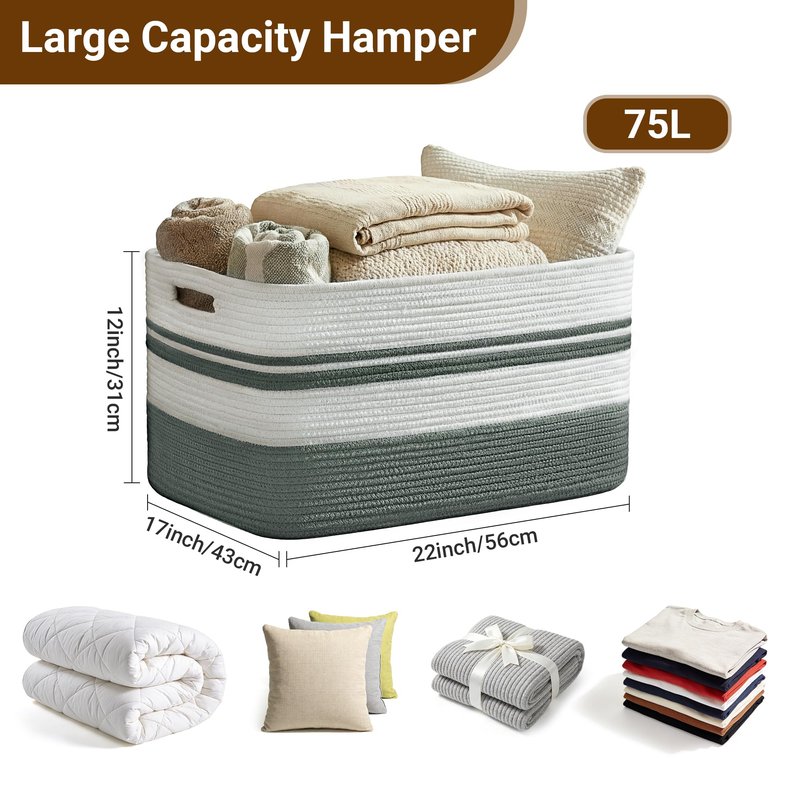 HOBASKET 75L Large Blanket Basket, 22"x17"x12"Rectangle Cotton Rope Woven Storage Basket with Handles, Laundry Hamper for Living Room, Nursery, Bedroom - Chemical-Free, Kid & Pet Safe - Sage Green