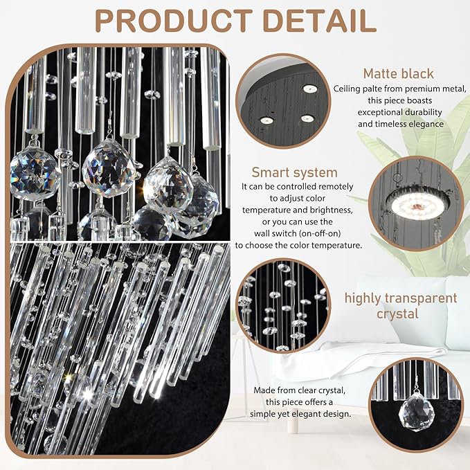 Flashing God D48''X H120'' Extra Large Chandelier for High Ceilings Crystal Raindrop Chandeliers Large Chandelier for Villa Entrance Foyer LED Dimmable Black Large Light Fixture