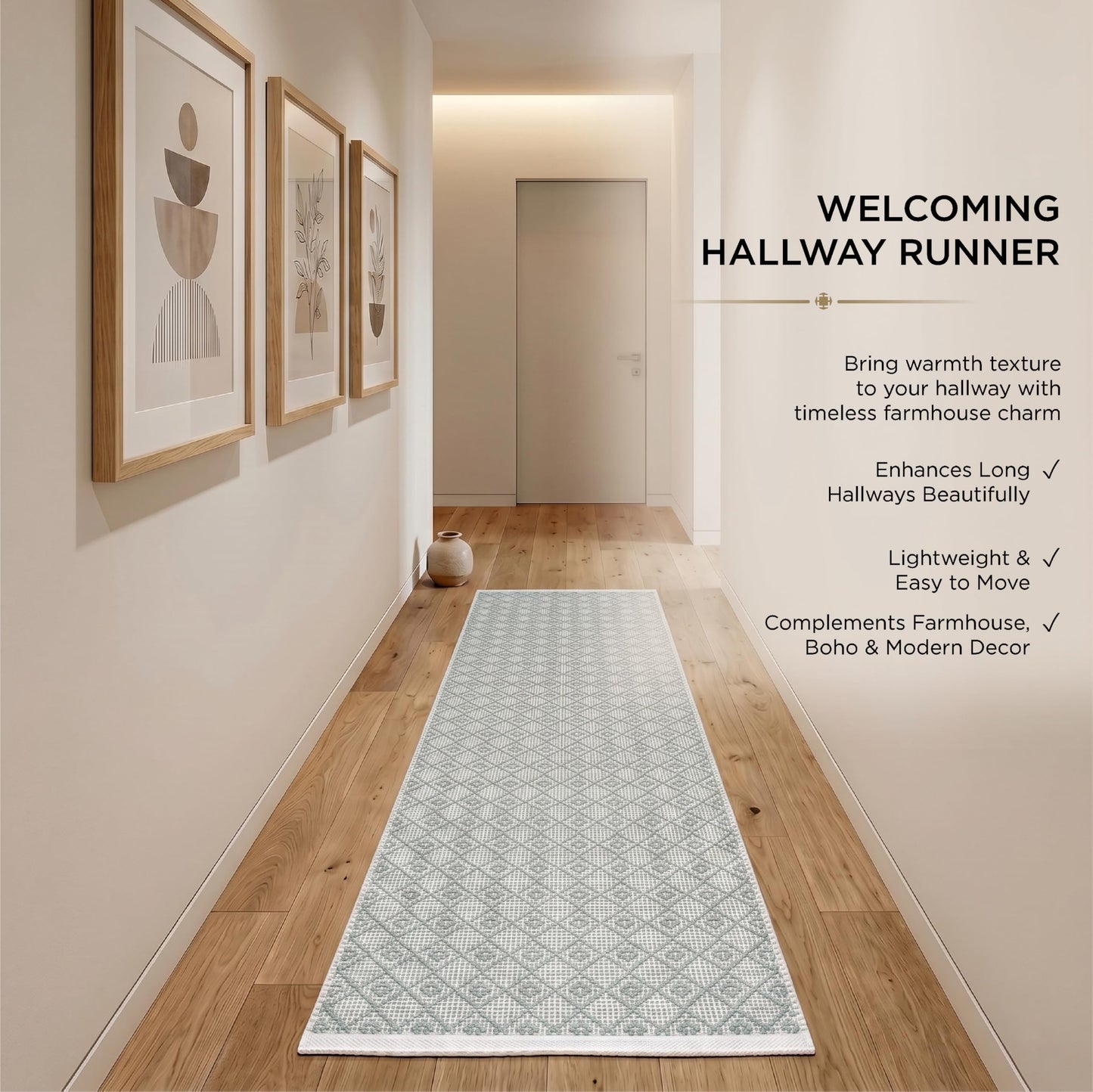 Cotton Diamond Woven Runner Rug 2x6 Feet - Spa Grey, Anti Slip Farmhouse Geomatric Home Patio Décor Runners Ideal for Hallways, Office, Kitchen | Soft Washable Bedroom Space Decorative Floor Boho Mats