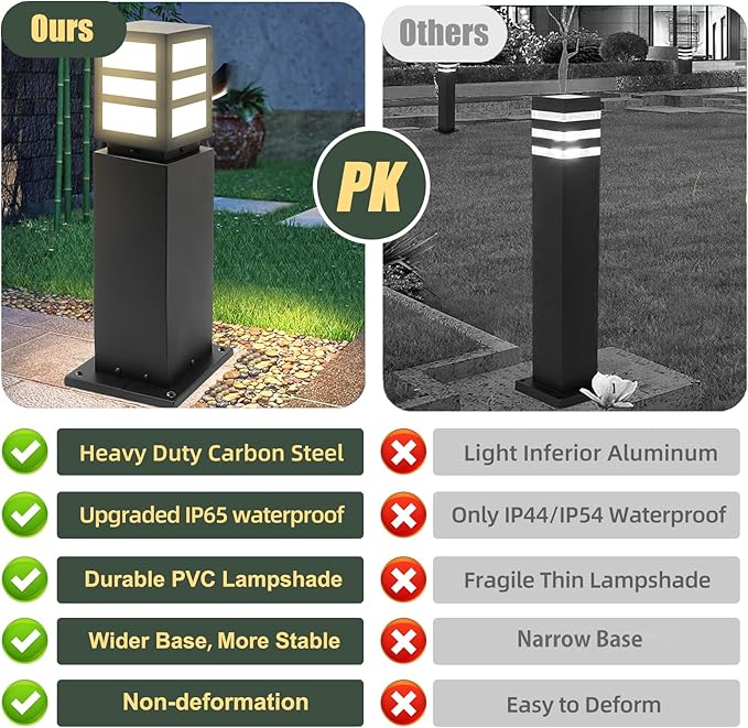 2Pack Landscape Path Lights 24" IP65 Waterproof Bollard Lights, Heavy Duty Steel Stable Widened Base E27 Lamp Holder, Modern Outdoor Path Lights Bollard for Lawn, Patio, Courtyard, Driveway, Oblong