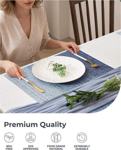 Leetaltree Gradient Blue Woven Placemats Set of 8 - Heat Resistant Non-Slip Place mats for Dining Table, Washable Durable PVC Vinyl Woven Table Mats(Gradient Blue, 8)