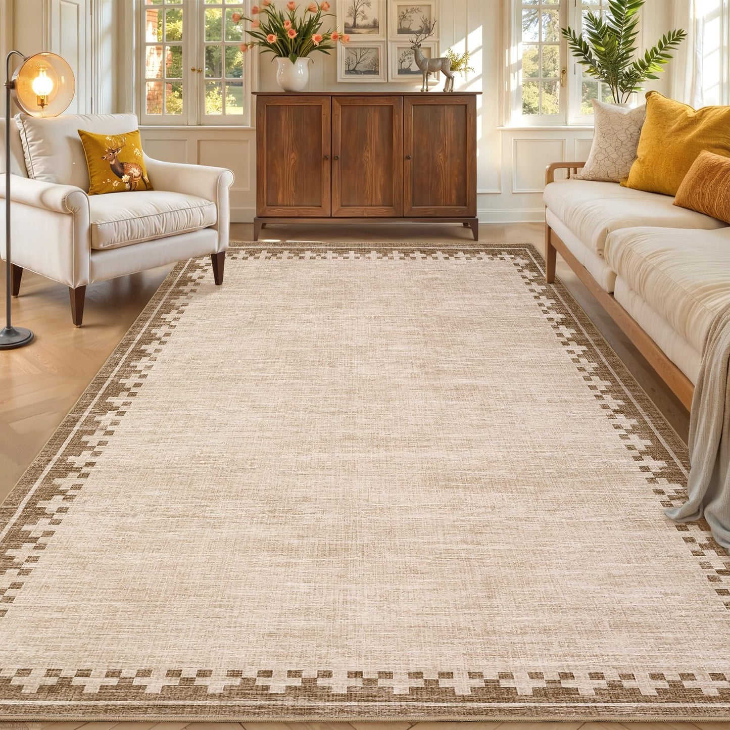 GarveeHome Neutral Bedroom Area Rugs 4x6 Washable Living Room Rugs Non Slip Stain Resistant Modern Border Throw Carpet Cross Pattern Geometric Low Pile Indoor Rugs for Dining Room Nursery Dorm, Beige