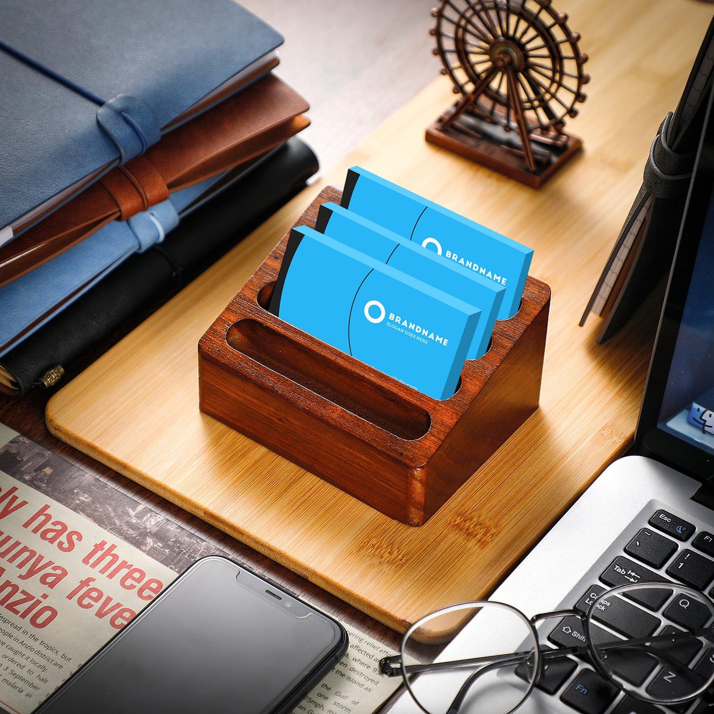 Barydat 2 Pcs Wooden Business Card Holder 4 Slots for Desk Business Card Stand Desktop for Office Study Tabletop and Home