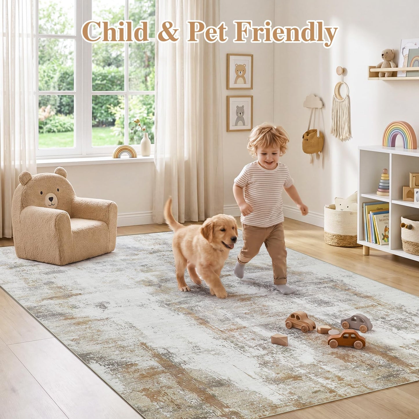 famibay 5x8 Area Rug, Abstract Washable Rugs for Living Room Low Pile Neutral Area Rug for Bedroom Aesthetic Non Slip Rubber Backed Carpet Rugs for Living Room Bedroom Dining Room(Beige/Camel)