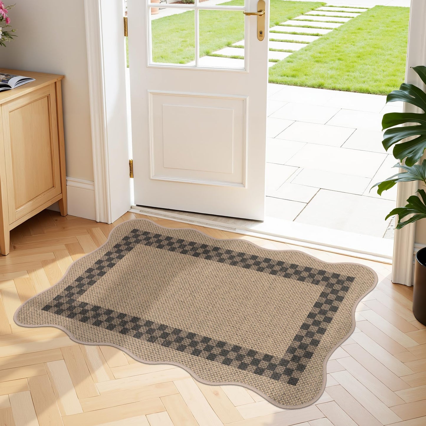 U'Artlines Non-Slip Scalloped Kitchen Rugs Set 3 PCS, 20"x32"+ 20"x48"+20"x59" Washable Low Profile Easy Jute Kitchen Floor Mats Runner Set for Sink Hallway Entryway Laundry Decor(Checked)