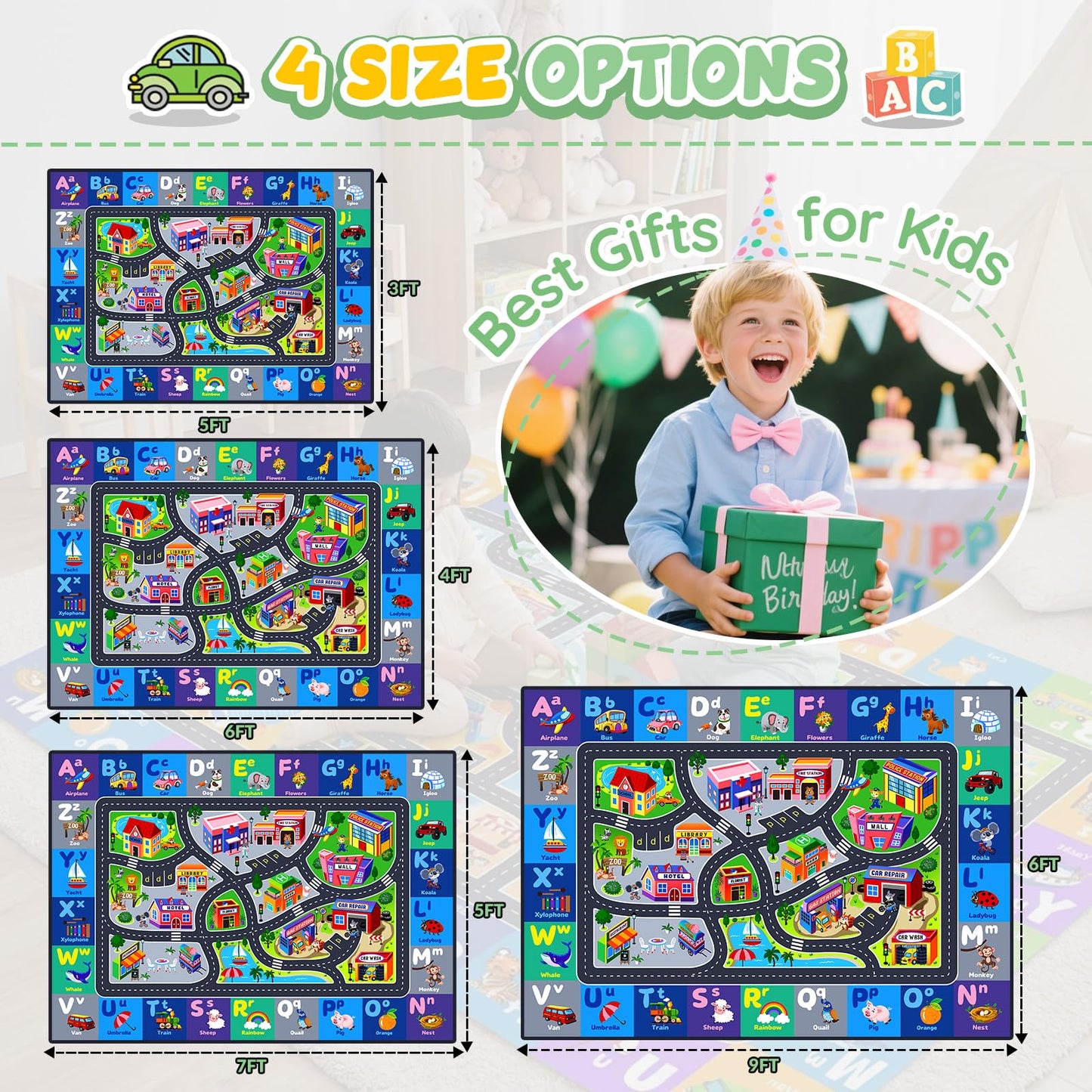 Rogara Car Rug Playmat, City Road Map Kids Rug, Educational Learning Play Mat, Soft Non-Slip Machine Washable ABC Alphabet Carpet for Bedroom Nursery Preschool Classroom