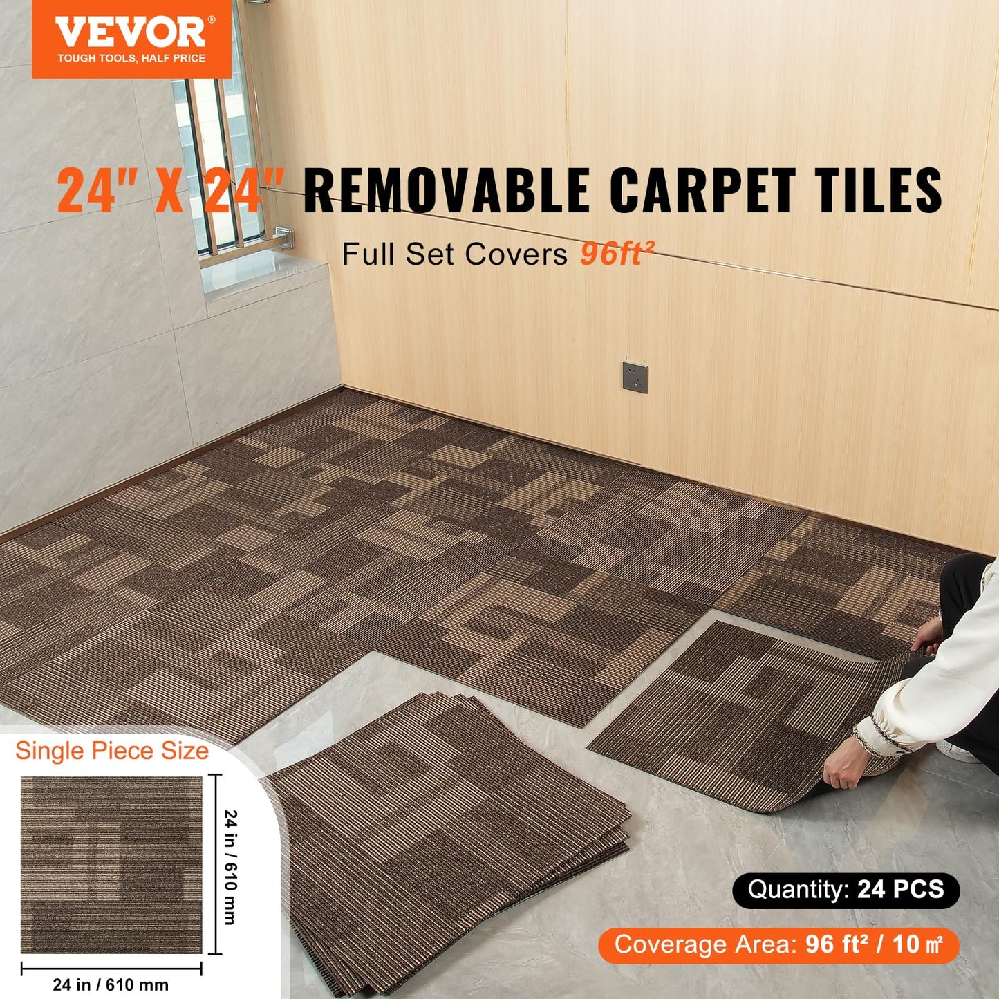 VEVOR Carpet Tiles Reusable, 24 PCS, 24"x 24", Squares Soft Padded Carpet, Carpet Floor Tiles Easy DIY for Bedroom Living Room Indoor Outdoor (Mixed Brown, 96 sqft/Box)