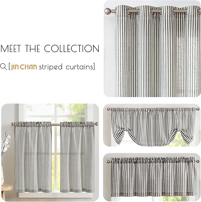 JINCHAN Tab Top Linen Kitchen Curtains 24 Inch Striped Tier Curtains Farmhouse Modern Cafe Style Small Window Treatments Airy Light Filtering Rod Pocket for Living Room Bathroom 2 Panels Charcoal Grey