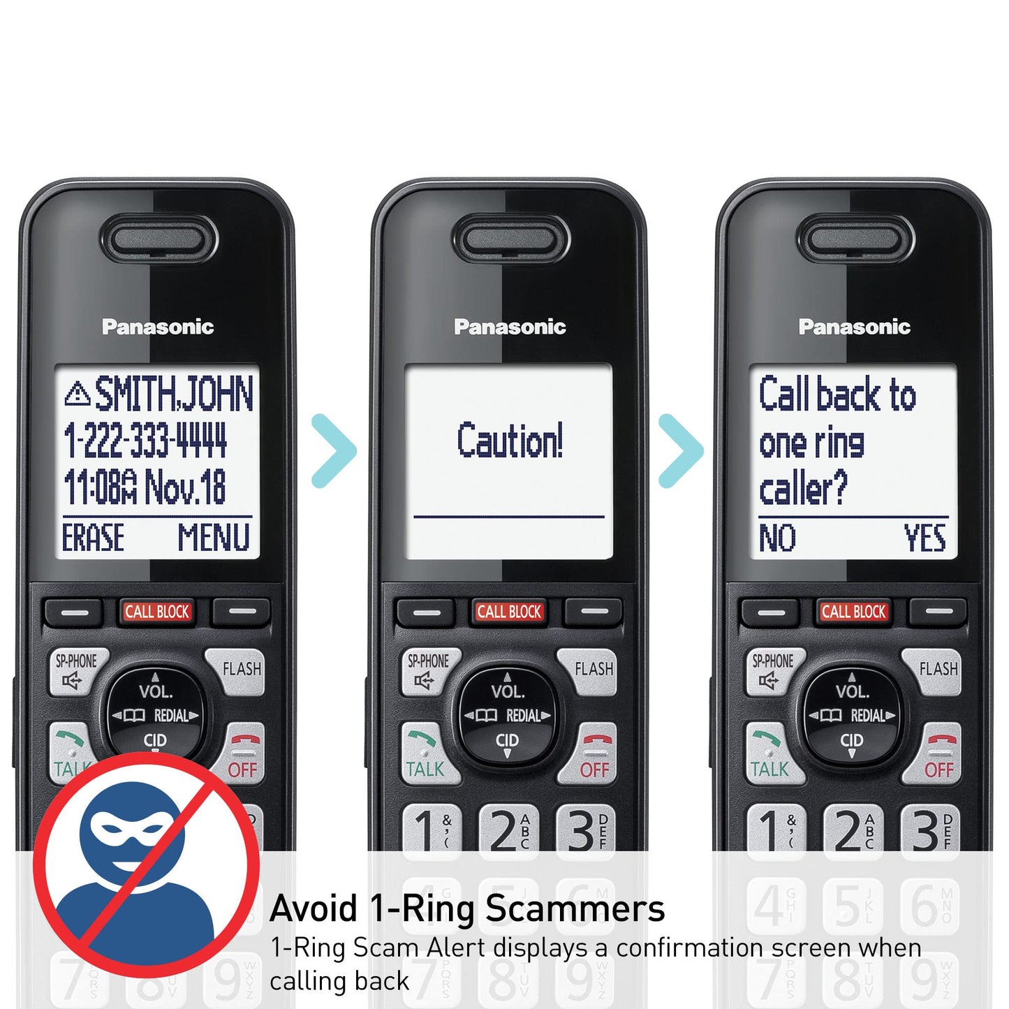 Panasonic Cordless Phone with Advanced Call Block, One-Ring Scam Alert, and 2-Way Recording with Answering Machine, 4 Handsets - KX-TGF944B (Black)