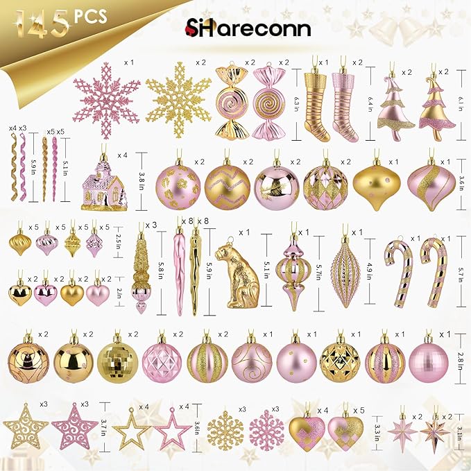 SHareconn 145pcs Christmas Balls Ornaments Set, Shatterproof Plastic Baubles Snowflakes, Stars and Tree Topper for Xmas Tree Holiday Wedding Party Decorations with Hanging Strings, Gold and Pink