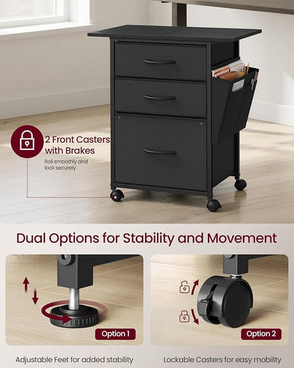 VASAGLE 3-Drawer File Cabinet, Mobile Printer Stand with Storage, Filing Cabinet for A4 Letter Size, Side Pockets, 23.6 x 15.7 x 26.8 Inch, Ink Black, Bellah Collection UOFC201BC01