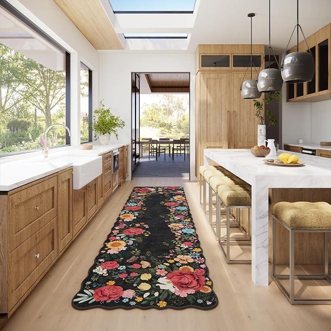 Kitchen Rug Runners for Hallways: 2'6''x10' Washable Runner Rugs for Kitchen Ultra Thin Stain Resistant Non Slip Low Pile Lightweight Vintage Floral Carpet for Farmhouse Decor (Black)