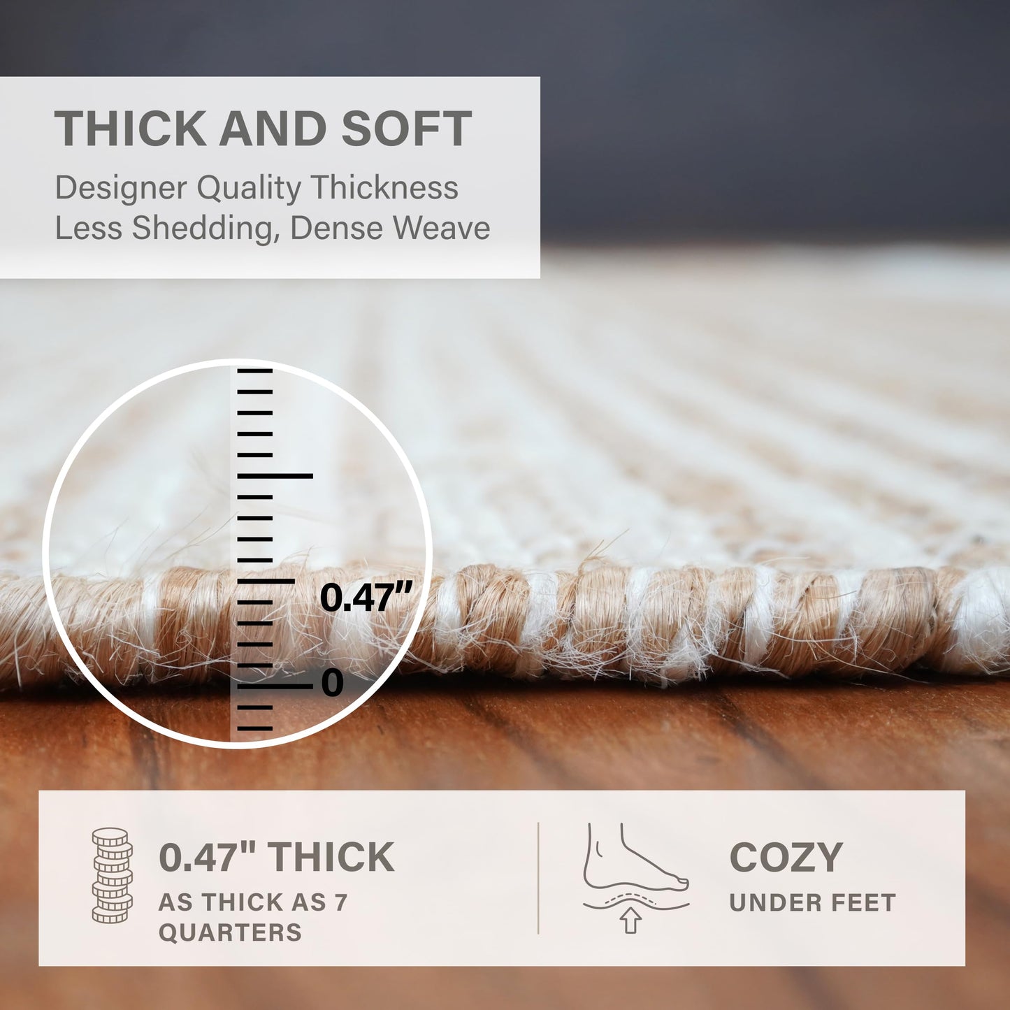 Homespice Reva Handwoven Jute Rug 4x6' - Dense & Thick Premium Handmade Natural Fibre Rugs for Bedroom and Office, Lays Flat, Won't Fray or Shed, Natural Brown with White Stripes