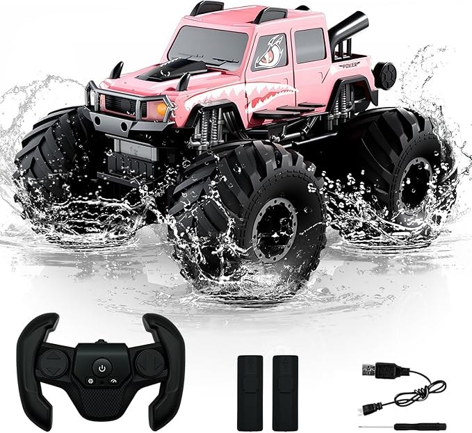 Amphibious Remote Control Trucks2.4G 1:18 4WD All Terrain Off-Road Waterproof Monster RC Cars Pool Toys Hobby RC Vehicle Christmas Birthday Gifts for Kids Boys Girls 8 9 10 11 12+ Pink