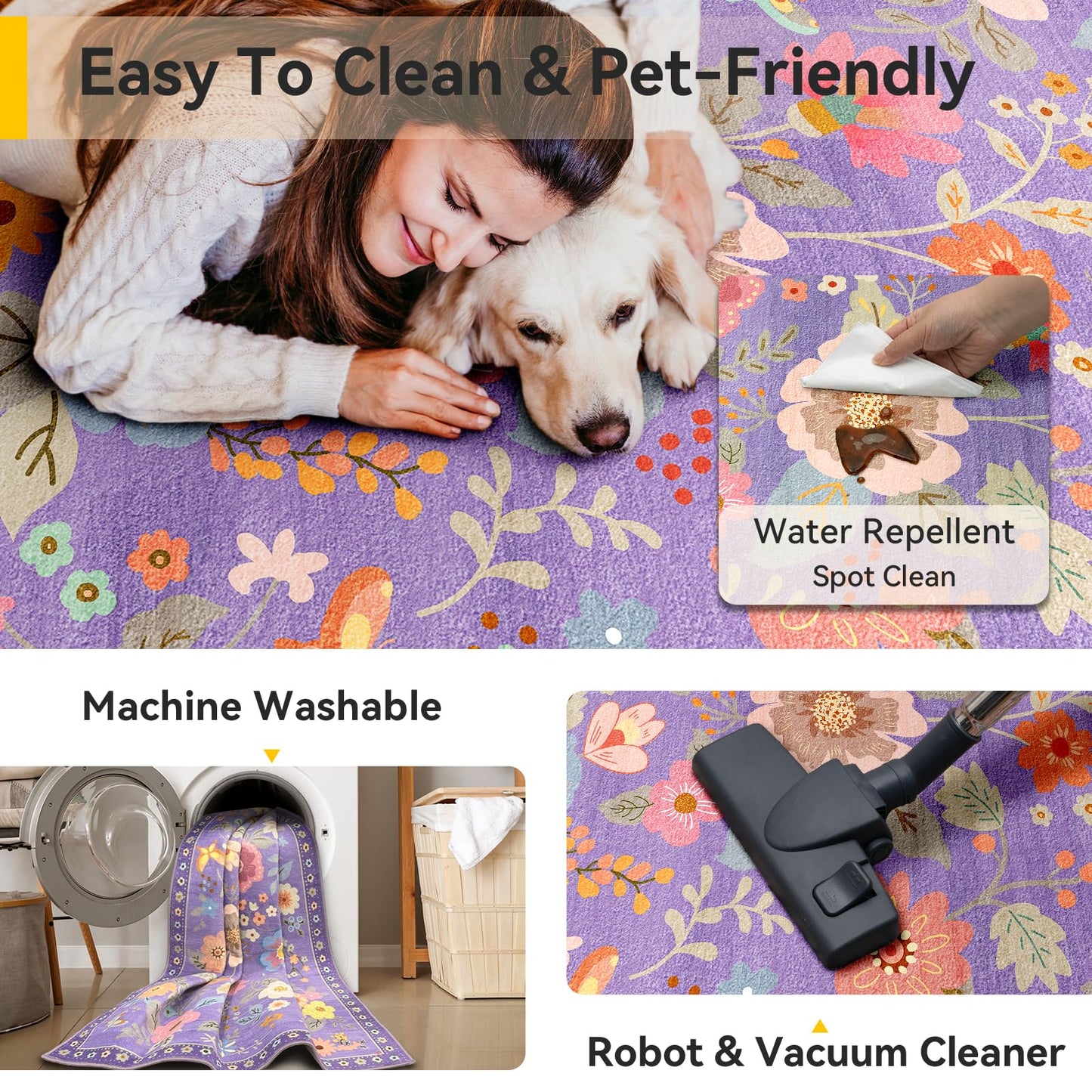 RELEANY Floral 5x7 Area Rugs Washable Print Boho Cute Carpet Non Slip Flower Low Pile for Living Room Bedroom Kitchen Office Farmhouse-Purple/Pink/Multi