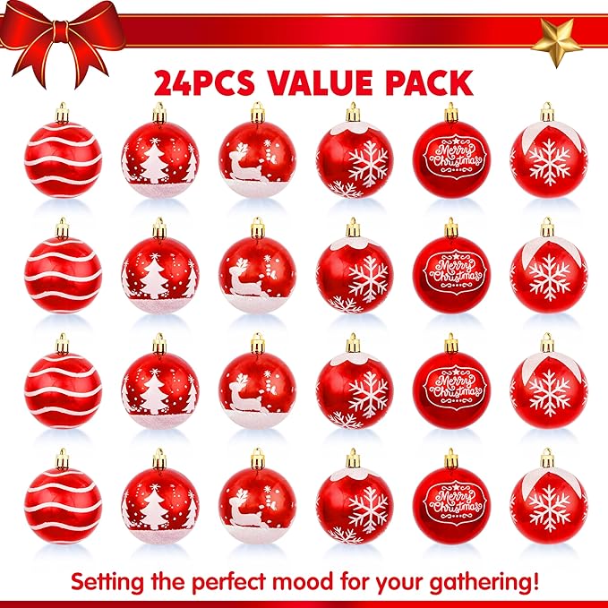 Joiedomi 24 Pcs 2.3” Red & White Christmas Ball Ornaments, Shatterproof Plastic Christmas Tree Ornaments, Hanging Decor for Wreath Garland Party Weddings Holidays