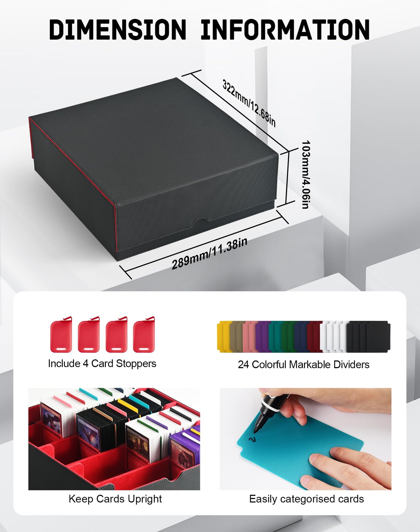 ZLCA Card Storage Box for MTG PTCG, Commander Deck Box Holds 3200+ Cards, Trading Card Storage Case with 4 Stoppers, Card Organizer for TCG Sport Cards(Black&Red)