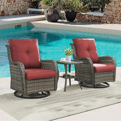 Rilyson Patio Chairs Rocking Swivel Chiar - 2 Piece Outdoor Wicker Furniture Chairs Set Rattan Rocker Chairs with High Back and Deep Seating for Outside Porch Deck Garden(Mixed Grey/Red)