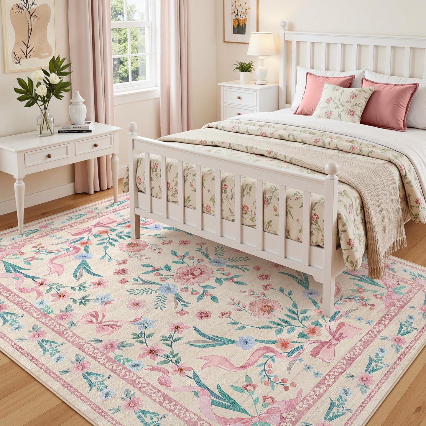 Kiginara Coquette Pink Bow Rug 5x7, Washable Floral Area Rug for Girls Bedroom & Nursery, Soft Low Pile Non Slip Carpet for Kids Room, Dorm, Playroom, Living Room