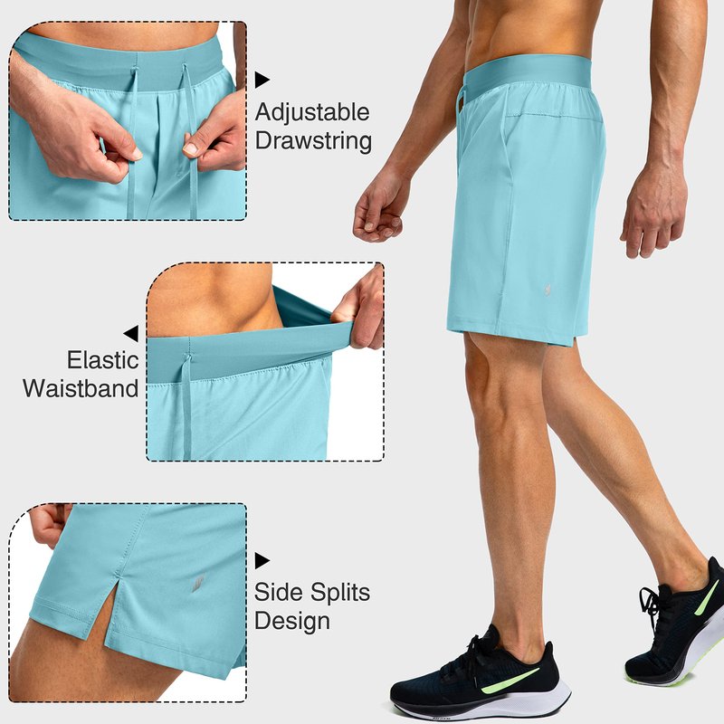 Soothfeel Men's Running Shorts with Zipper Pockets 7 Inch Lightweight Quick Dry Gym Athletic Workout Shorts for Men (Light Blue, XS)