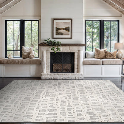 Beverly Rug Micro Loop Area Rug Gray/White 5x7 Abstract Modern Luxury Irregular Grid Durable Soft Indoor Rugs for Living Dining Room Office Stain Resistant Non Shedding Casual Indoor Carpet 5 x 7
