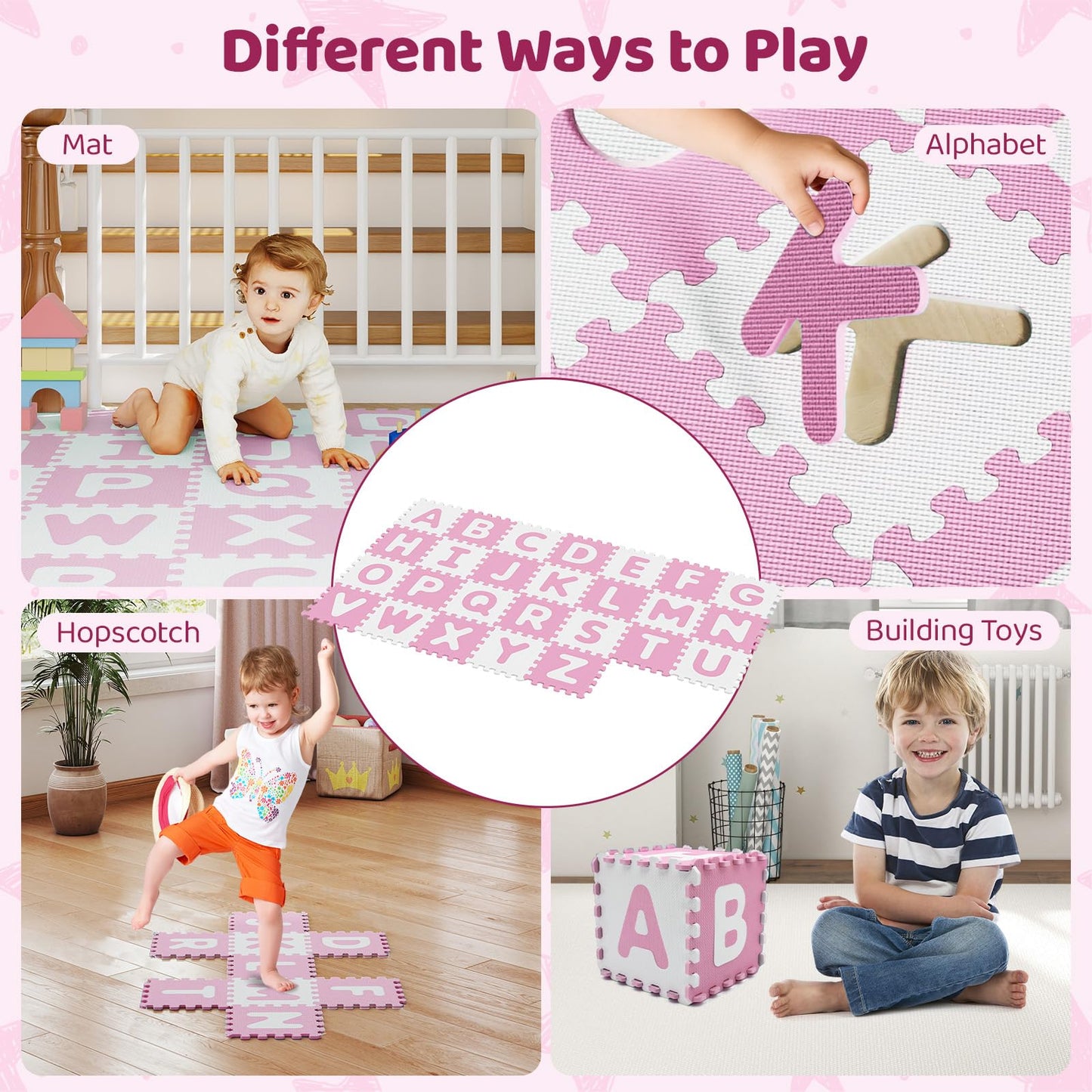 HONEY JOY Foam Floor Tiles for Kids, 12.5” x 12.5” EVA 26-Piece Interlocking Alphabet Puzzle Play Mat, Non-Slip Large Soft Carpet Rug, Easy to Clean, for Baby Crawling Exercise, Playroom (Pink)