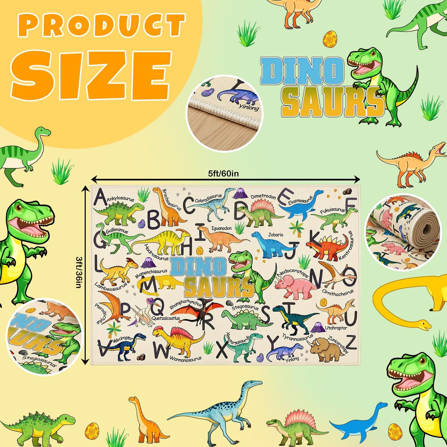 HBUFBUQ Dinosaur Area Rug with ABC Alphabet, Kids Rugs for Playroom 3x5, Non Slip Educational Play Mat for Bedroom Nursery Classroom, Toddler Learning Carpet