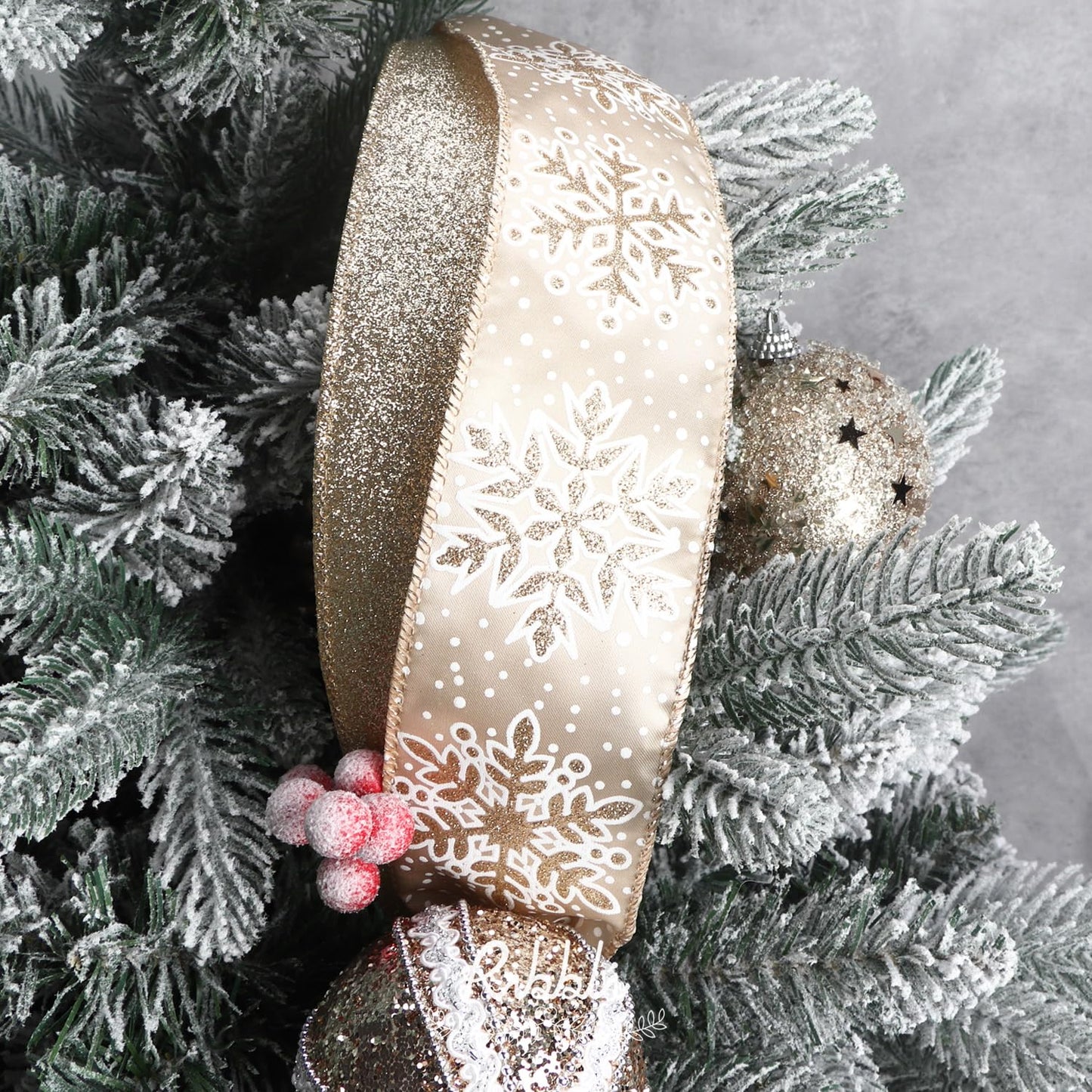 Ribbli Christmas Ribbon Wired Champagne Gold Christmas Tree Ribbon Snowflake Glitter Wired Ribbons for Crafts Gift Wrapping Wreaths Garland Home Decor -2.5 Inchx6 Rolls Total 36Yard