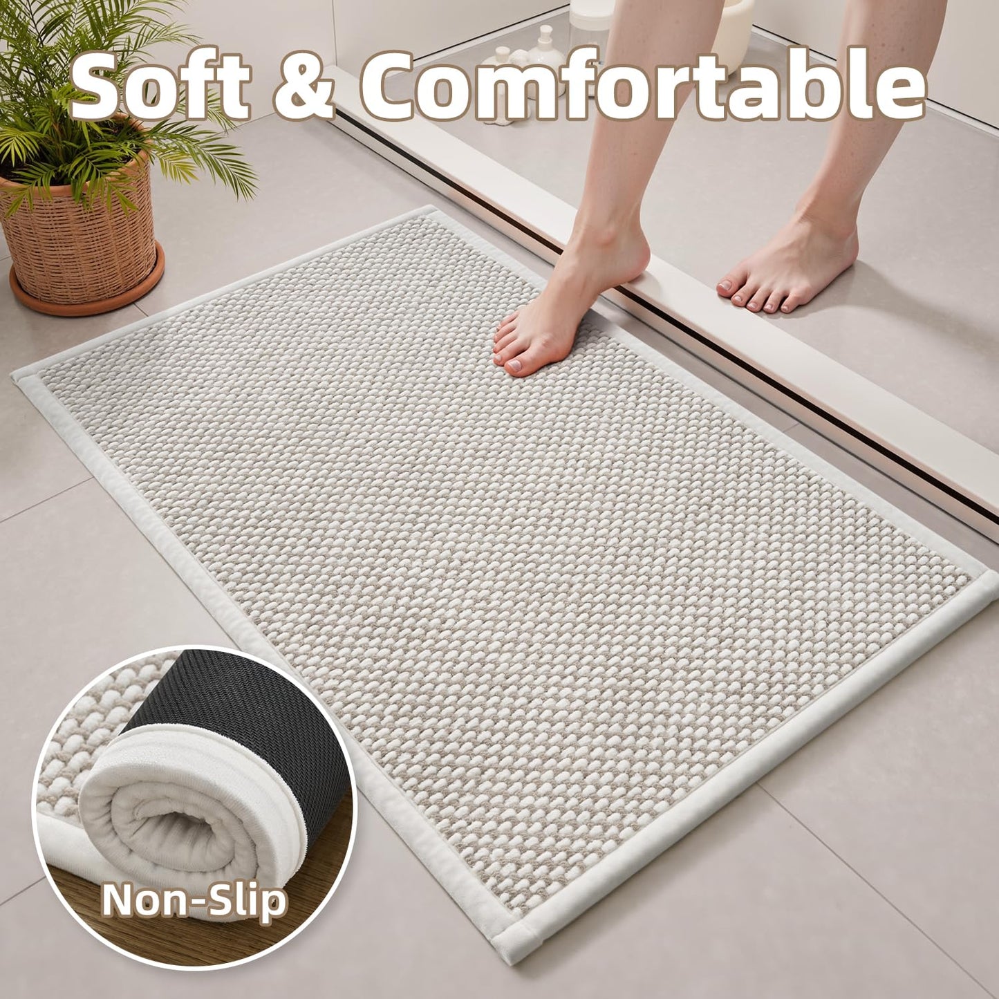 PADOOR-Bath Mat-Super Absorbent Chenille Bathroom Mats-Rubber Backed Bath Mats for Bathroom Non Slip, Easy Clean Bathroom Rugs Front of Bathtub,Shower Room,Sink-17×28, Beige&Cream