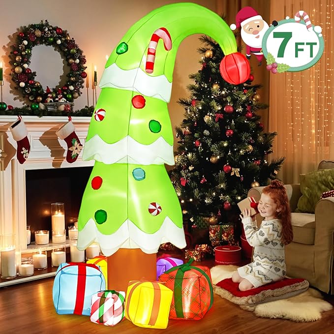 FRAMICS 2025 New 7Ft Christmas Inflatables Outdoor Decorations, Whimsical Christmas Tree Blow Up Yard Decor with Gift Boxes, Weatherproof Xmas Tree Inflatable with LED Lights for Holiday Party Garden