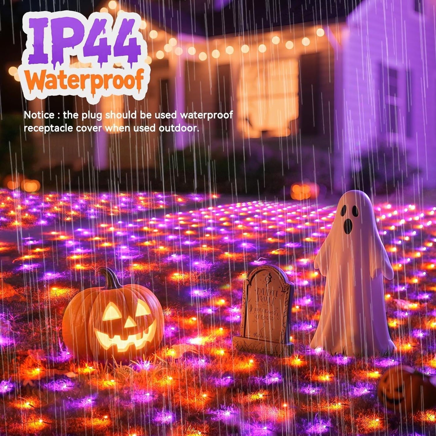 Halloween Net Lights Outdoor Decoration, 14.8x4.9 ft 300LED Orange Purple Halloween Lights 8 Modes Connectable Twinkle Fairy Mesh Light for Bushes Tree Party Yard Garden Decoration