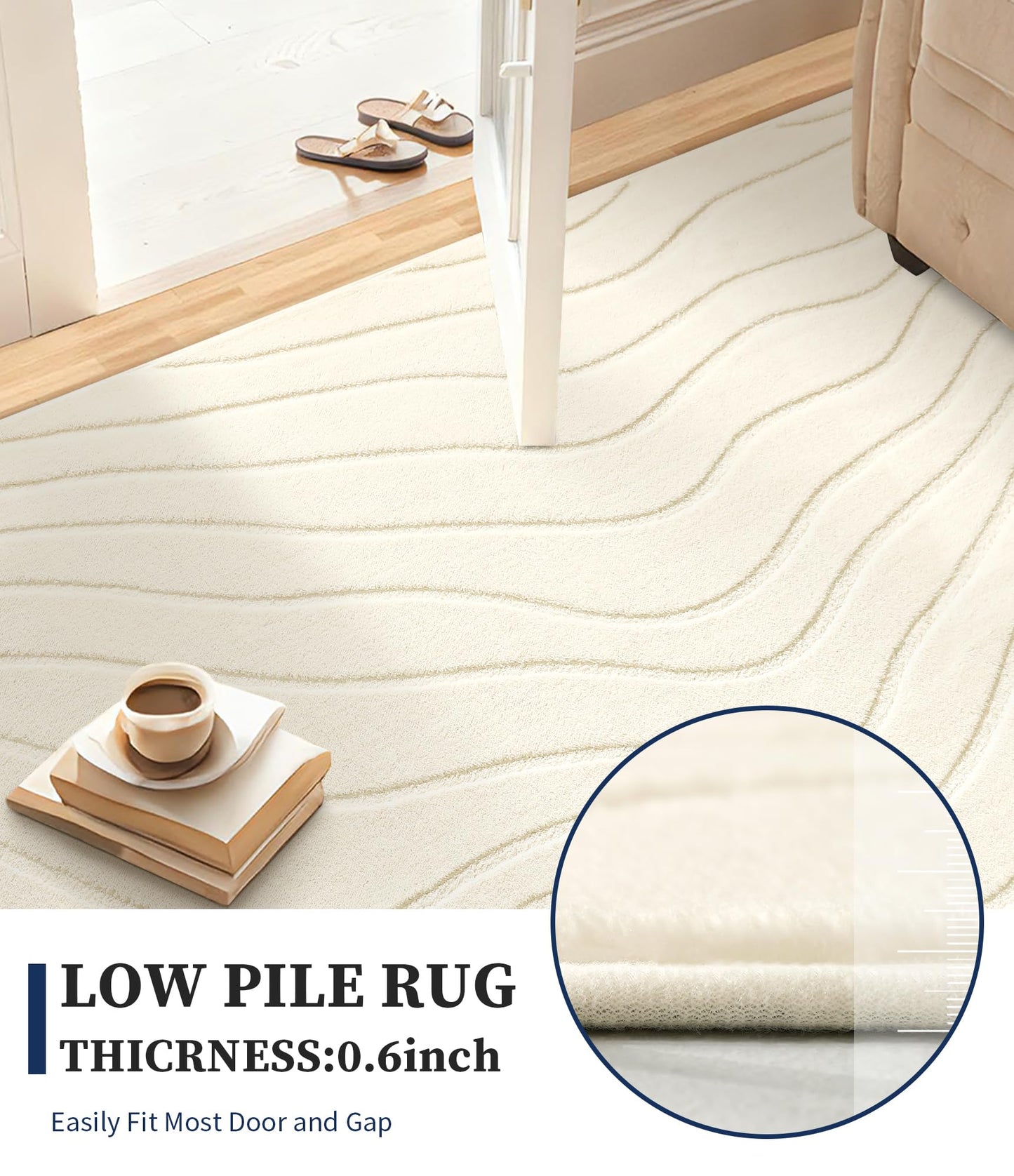 YIHOUSE 6x9 Abstract Wave Striped Area Rug, Modern Washable High-Low Pile Rug, Soft Textured Carpet for Living Room, Bedroom,Dining Room, Beige Ivory White