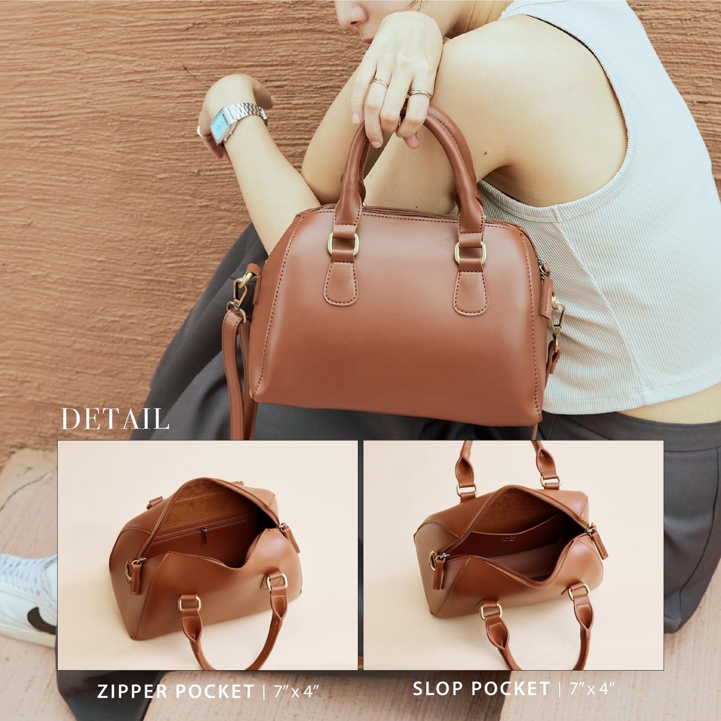 Vintage Vegan Leather Boston Bag for Women (BROWN)