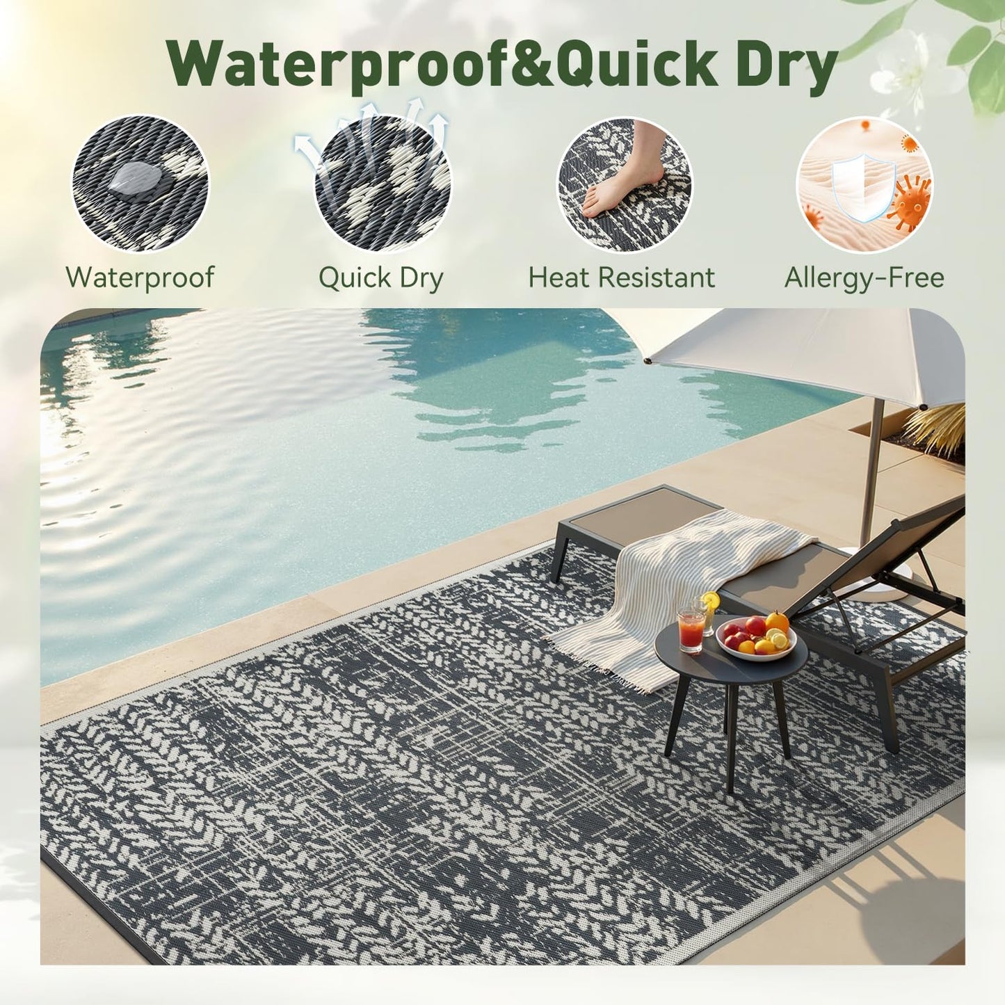 MontVoo Outdoor Rug 8x10 Waterproof-Patio Rug Mat Outdoor RV Camping Picnic Beach Mat Plastic Straw Rugs Outside Outdoor Area Rugs for Balcony Deck Backyard Grey