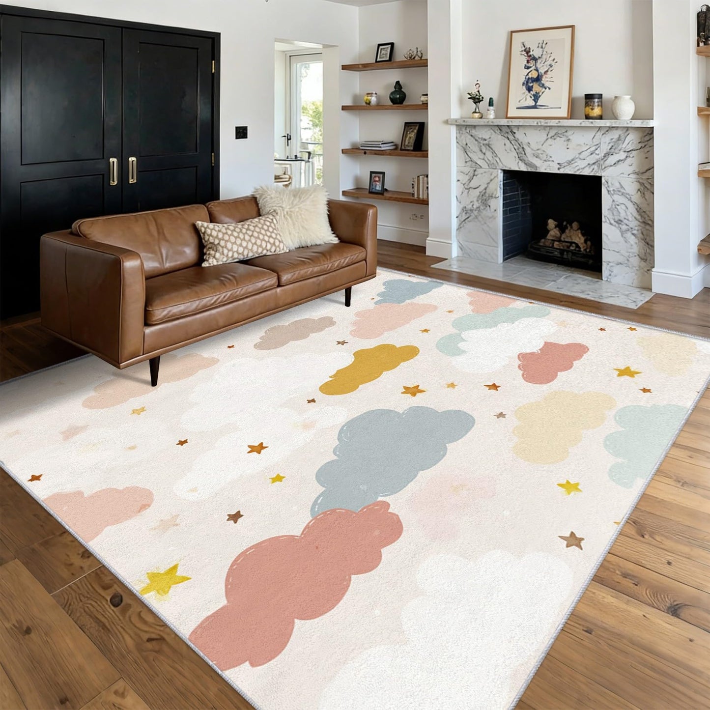 Cartoon Cloud Rugs for Home Decor, 8x10 ft, Kids Boys Girls Cloud Area Rugs for Living Room, Soft Non Slip Washable Cute Star Carpet Bedroom Decorations D-g17