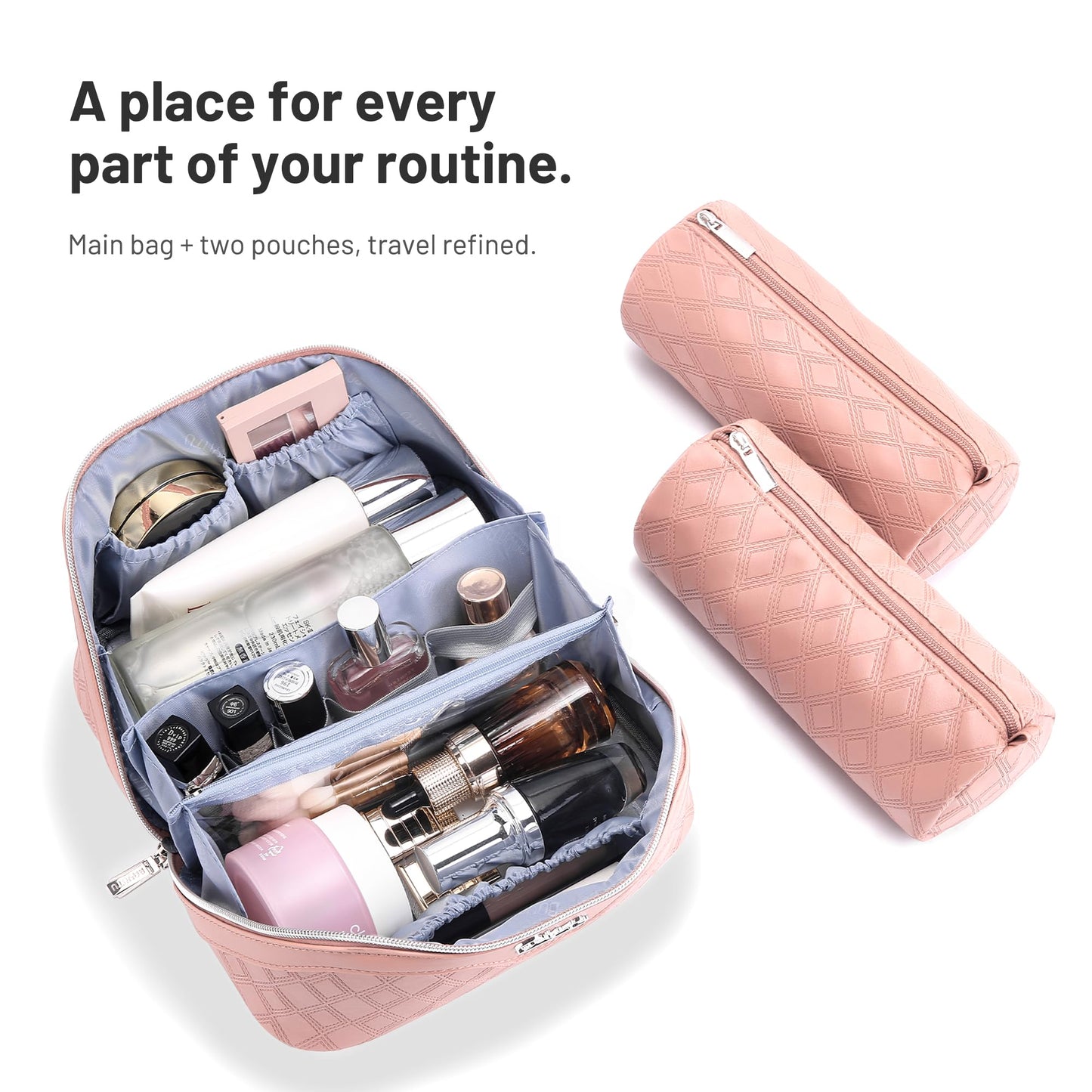 BOYATU Travel Makeup Bag for Women: Large Capacity 3-Piece Quilted Cosmetic & Toiletry Organizer - 2 Detachable Pouches Expand Storage by 50%, Open Flat for Easy Packing, Waterproof PU Leather(Pink)