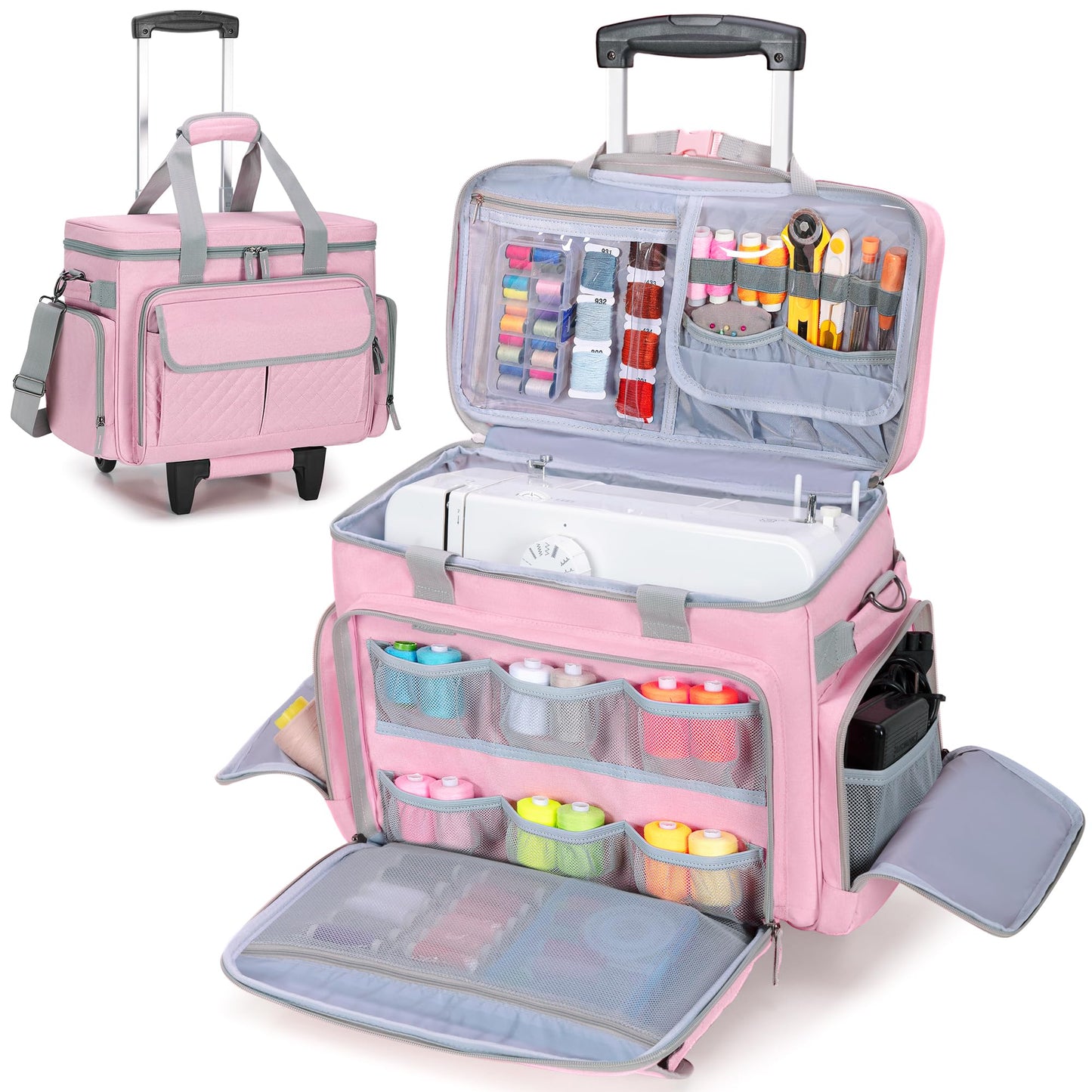 LUXJA Rolling Sewing Machine Case with Multiple Pockets, Sewing Machine Bag with Wheels and Detachable Shoulder Strap (Compatible with Most Standard Sewing Machines), Pink