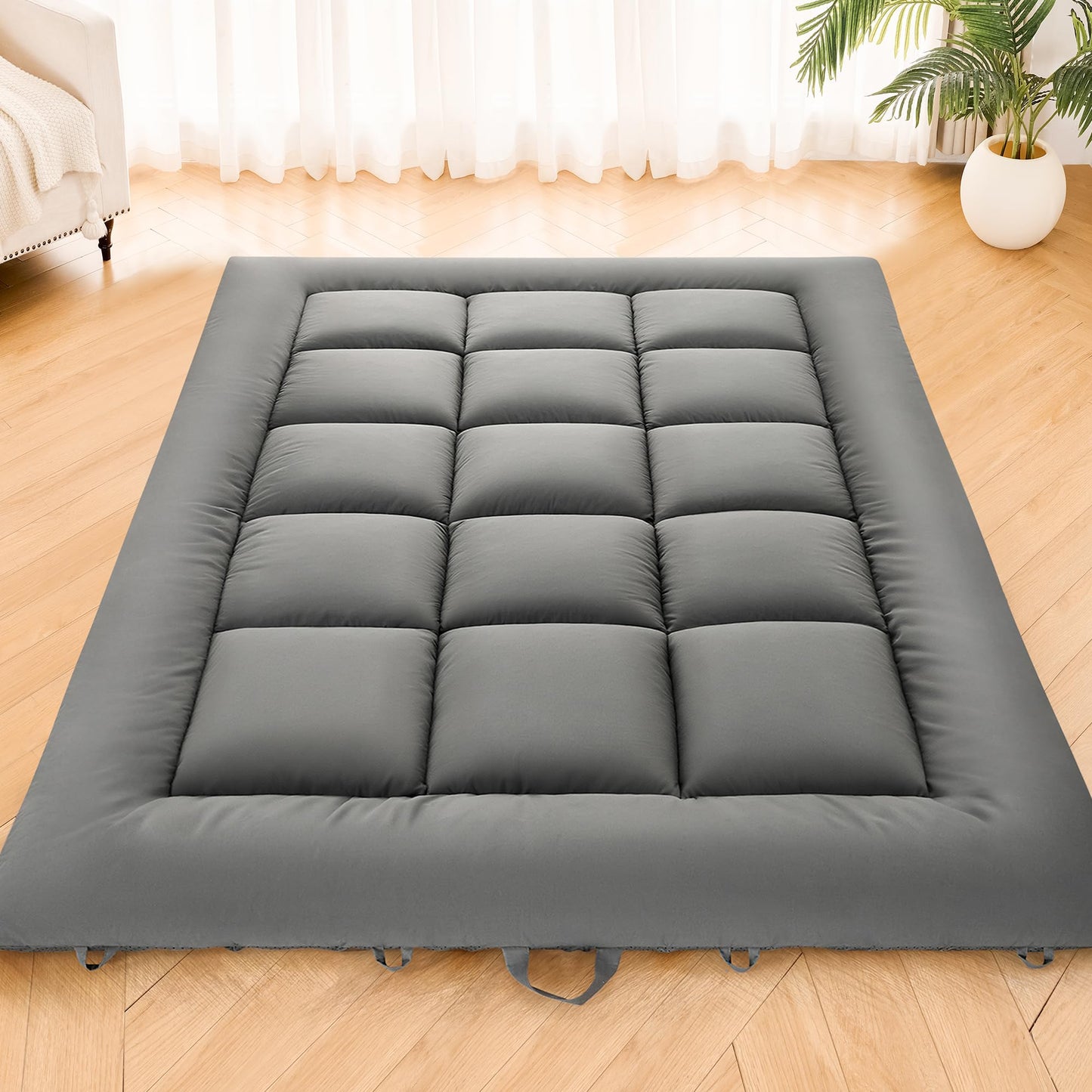 DOWNSTORIA Japanese Floor Mattress, Foldable Futon Mattress Tatami Mat with Handle, Roll Up Camping Sleeping Pad for Adults, Guestroom Floor Bed, Full Size, Grey