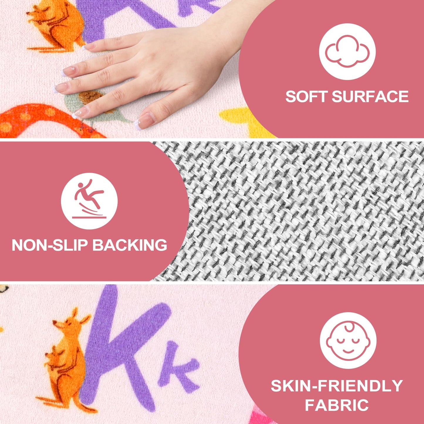 LIVEBOX 7'5" x 13' Pink ABC Kids Classroom Carpet, Large Washable Alphabet Educational Learning Area Rugs for Classroom Elementary, Non-Slip Pastel Preschool Kids Teacher Rug for Kindergarten Daycare