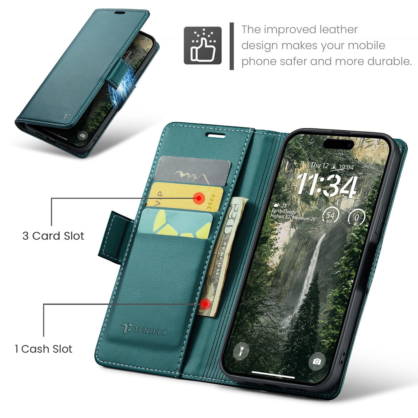 Tenifly for iPhone 15 Pro Max Case Wallet with RFID Blocking Card Holder, PU Leather Kickstand Protective Flip Phone Cover Fit for iPhone 15 Pro Max 6.7", Bluish Green