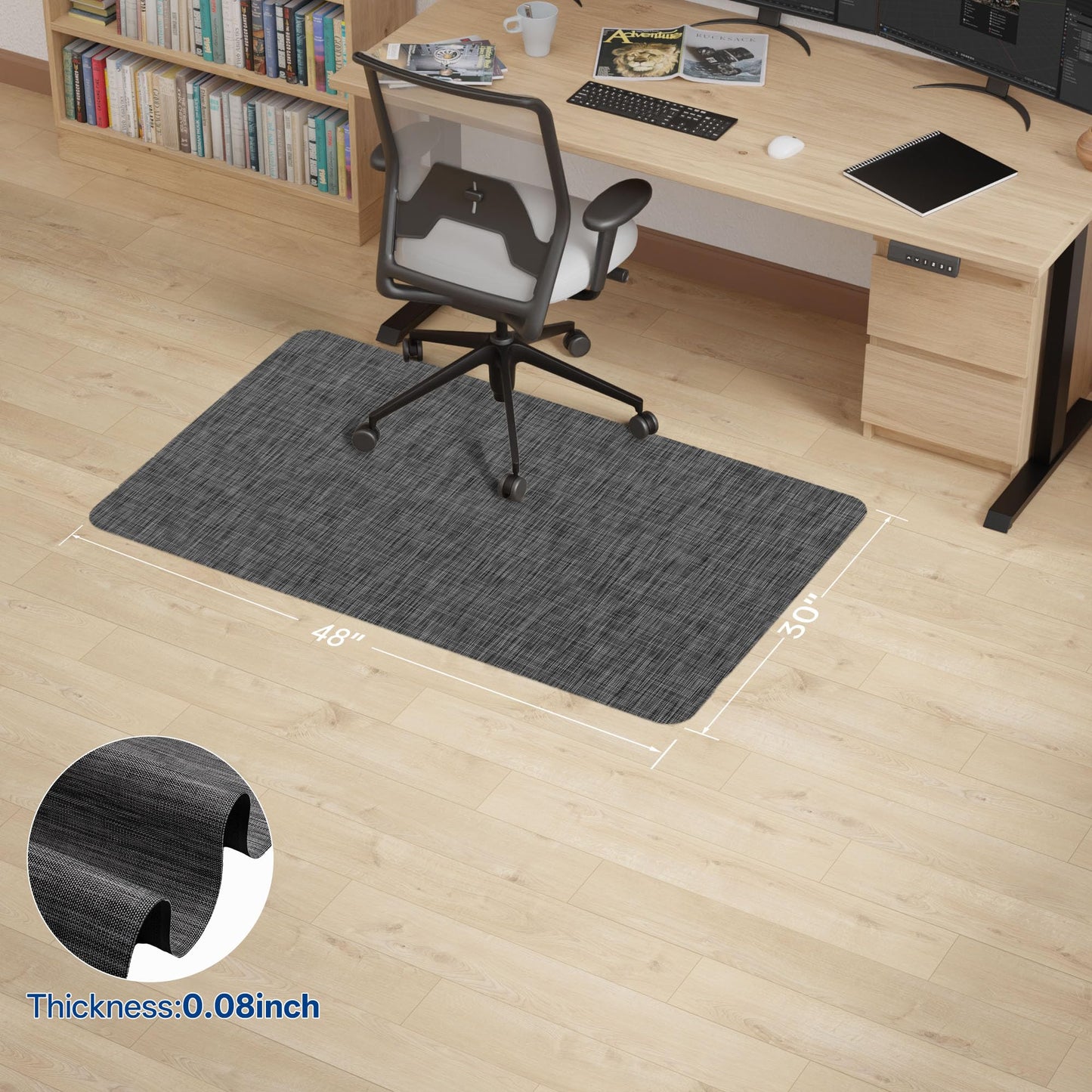 Naturei Office Chair Mat for Hardwood & Tile Floor, 30" x 48" Anti-Slip Desk Chair Mat, Easy Glide Floor Protector for Rolling Chairs, Floor Mat for Office Chair for Home Office (Dark Gery)