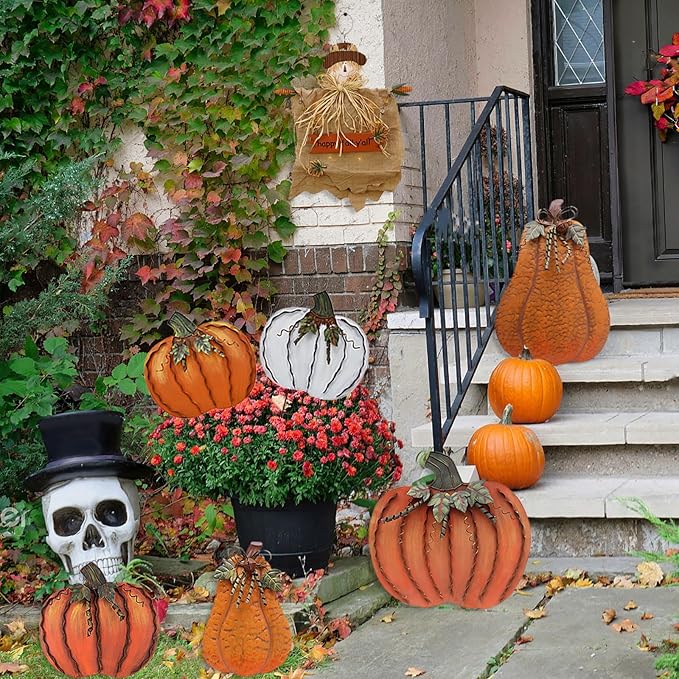 Metal Pumpkin Stakes Yard Signs Fall Decor Decorative Garden Stake Lawn Pumpkins Ornaments Outdoor Autumn Decoration for Harvest Halloween Thanksgiving (17.5" H White+Orange)